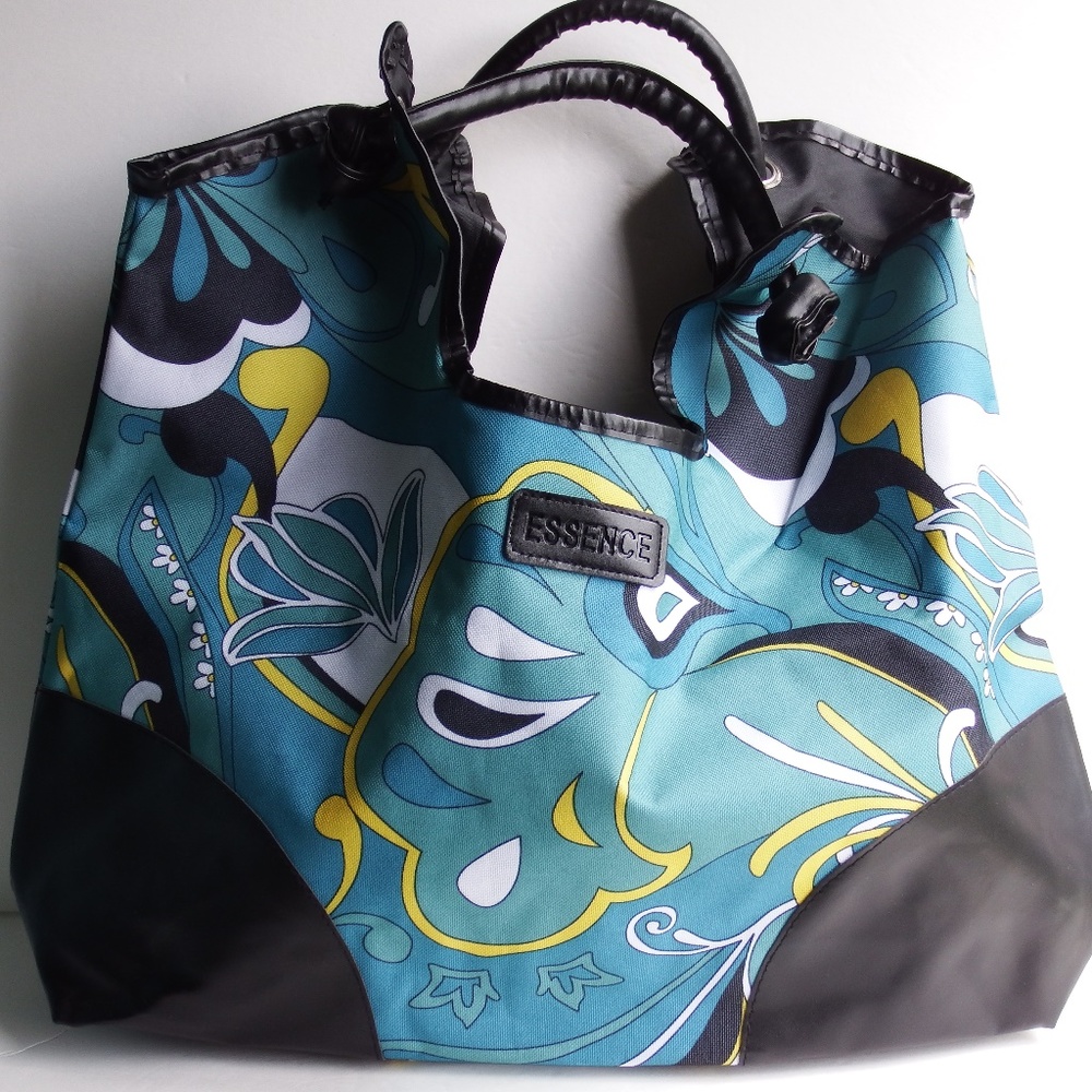 Faux Leather/Canvas Green Floral Beach Bag Tote